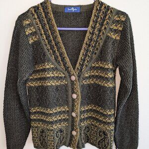 Vintage Knitted Yarn, Button Up Cardigan w/ contrasting patterns and sequins. M